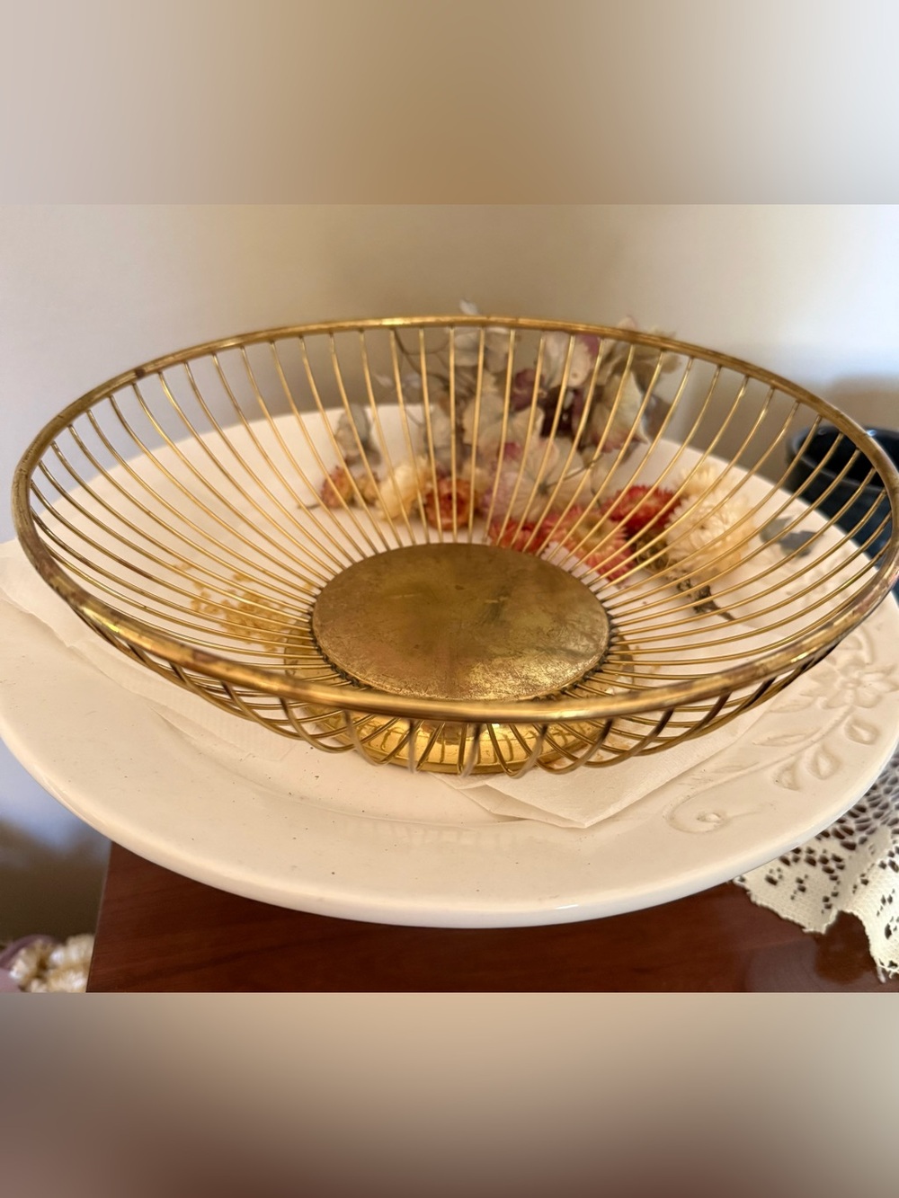 Vintage MCM  Gold Brass Wire Fruit Bowl Bread Basket Stamped Hong Kong